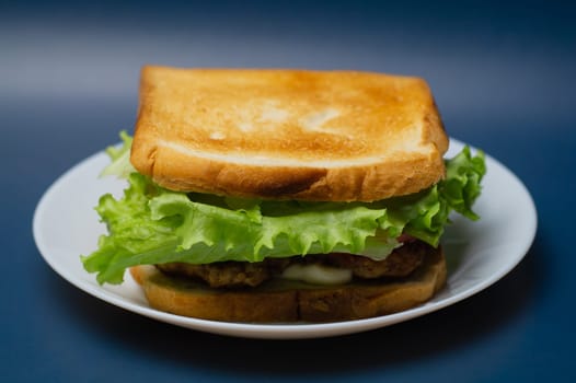 Big tasty sandwich with ham, salami, salad, cheese and tomatoes on white background