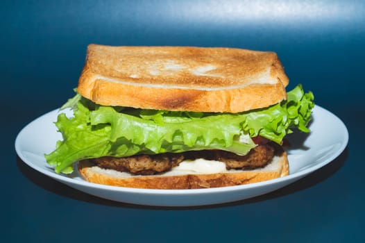 Big tasty sandwich with ham, salami, salad, cheese and tomatoes on white background
