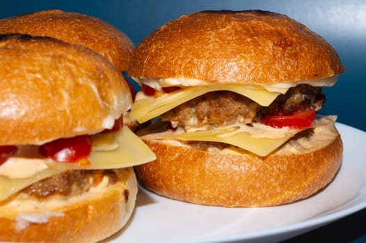 Homemade cheeseburger close up. beef meat with tomato and cheese