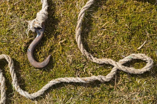 Rusty metal hook with rope lies on the green grass