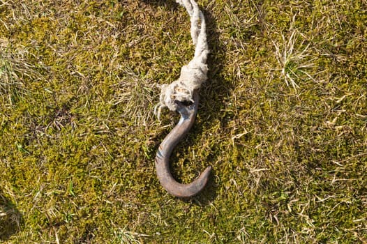 Rusty metal hook with rope lies on the green grass