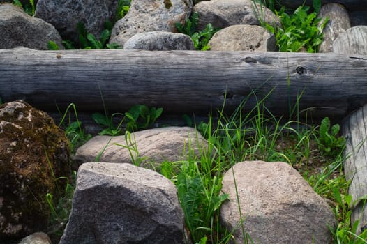 Logs, stones and grass. environment materials