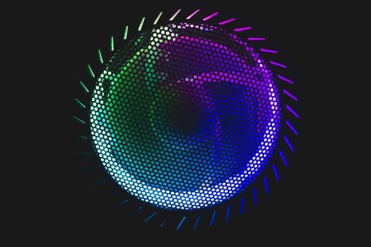 Colorful led lights of computer fan shines through the protective grid. illumination glows in the dark. abstract futuristic background