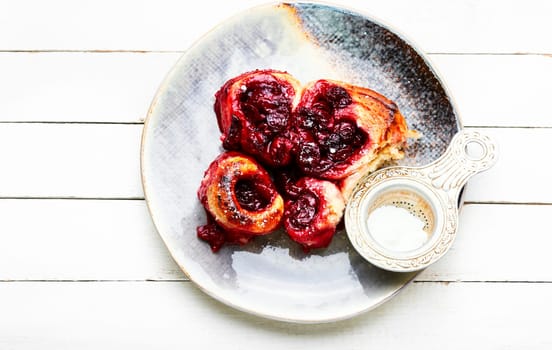 Savoury cottage cheese pie with cherry filling. Sweet dessert, rustic cake