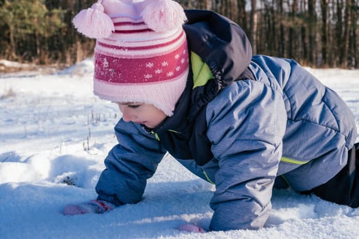 Little girl 3-4 years old in winter clothes overalls, hat and mittens falls on the snow and laughs against snow-covered pines and fir trees on sunny day. Winter holidays, children playing outdoors
