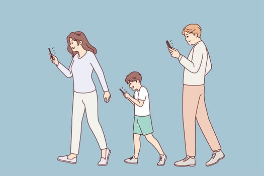 Family with kid walking street holding smartphones. Addicted parents and child using cellphone. Mobile phones and technology addiction. Vector illustration.