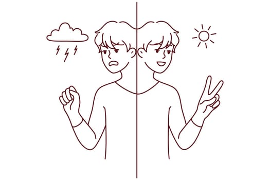Young man in different mood suffer from mental or psychological problem. Mad and happy male mood swings. Bipolar disorder. Vector illustration.