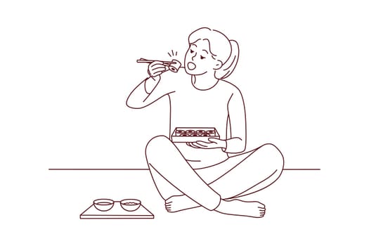 Happy young woman sit on floor eating sushi with chopsticks. Millennial female enjoy traditional Japanese food at home. Cuisine concept. Vector illustration.