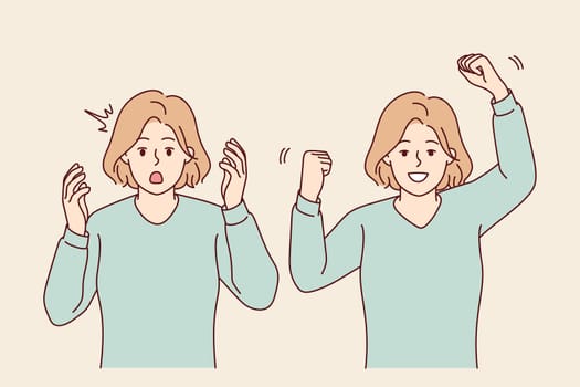 Young woman feeling unhappy and happy showing different emotions. Emotional girl feel stressed and excited. Mood swing. Vector illustration.