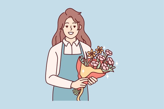 Portrait of smiling female florist in apron holding beautiful floral bouquet. Happy woman with flowers in hands working in botanical shop. Vector illustration.