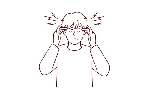 Stressed young man suffer from headache or migraine. Unhealthy distressed male struggle with dizziness and spasm. Stress and anxiety. Vector illustration.