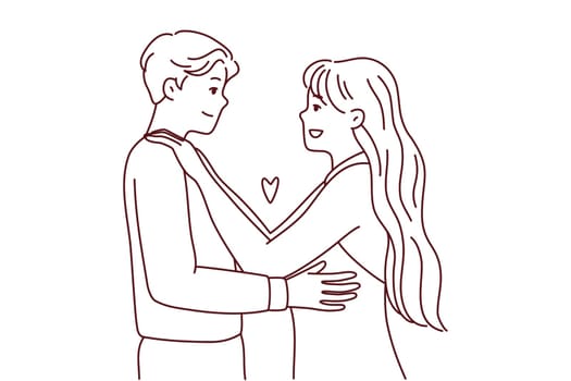 Happy couple in love hugging enjoy romantic date together. Smiling man and woman embracing showing affection and care. Relationship concept. Vector illustration.