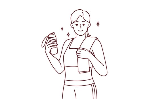 Portrait of smiling toned young woman in sportswear follow healthy lifestyle do sports. Happy sportive fit girl show good figure after workout. Vector illustration.