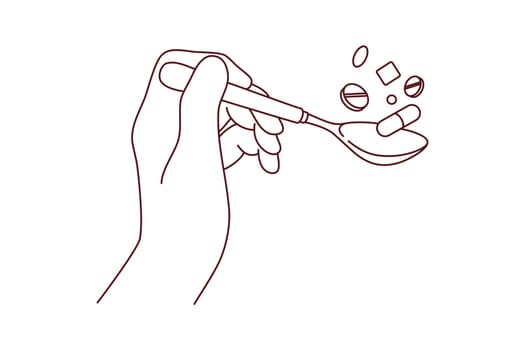 Close-up of hand holding spoon with pills addicted to pharma. Patient with spoonful of medication and drugs. Medicine and healthcare. Vector illustration.