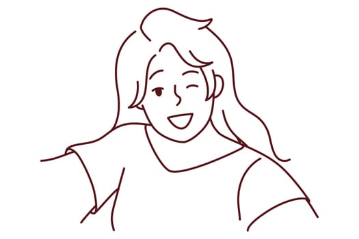 Smiling young woman make selfie on camera. Happy girl have fun take self-portrait picture on cellphone. Vector illustration.