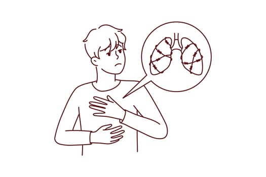 Unhealthy man suffer from lungs disease need medical help. Unwell male struggle with breathing disease. Healthcare concept. Vector illustration.