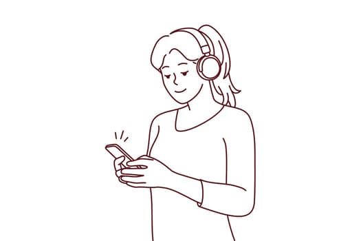 Happy young woman in headphones listen to music on smartphone. Smiling girl in earphones enjoy good quality sound on cellphone. Vector illustration.
