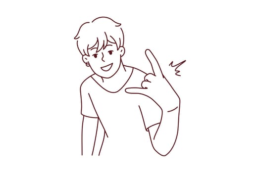 Cool young man show hand gesture. Smiling millennial guy demonstrate sign or symbol. Youth culture concept. Vector illustration.