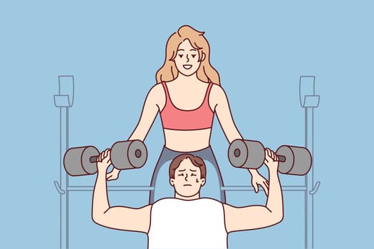 Female trainer help male client workout in gym. Woman athlete or coach train with customer with barbells in sport center. Vector illustration.