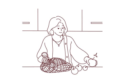Woman unpacking bag with fresh fruits and vegetables. Smiling female shopping for organic products follow healthy nutrition diet. Vector illustration.