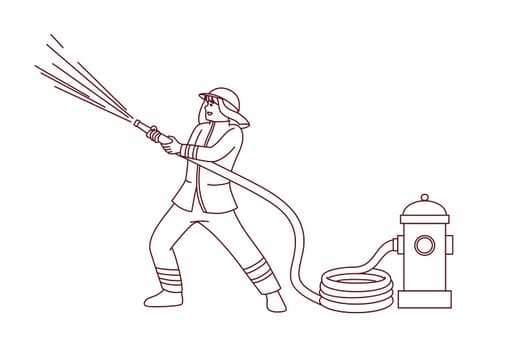 Male fireman with hose pouring water on burning building or house. Man fire fighter in uniform working on emergency site. Firefighting concept. Vector illustration.