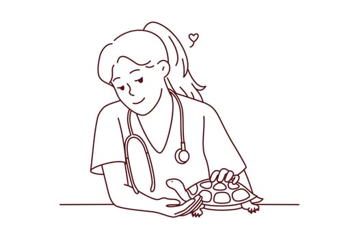Smiling female veterinarian take care of turtle in hospital. Happy woman vet doctor cure small domestic pet in clinic. Vector illustration.