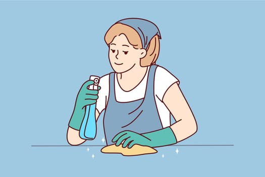 Female housekeeper with detergent and cloth working cleaning surface. Housewife take care of house cleanliness. Housekeeping and hygiene. Vector illustration.