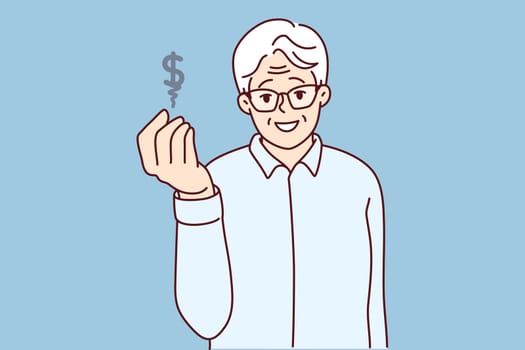 Elderly man showing dollar sign saving money for future. Smiling mature grandfather make money investments gain from rates. Banking and finances. Vector illustration.