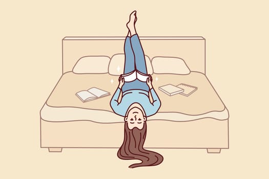 Happy girl lying on bed at home reading book. Smiling woman relax in bedroom enjoying literature. Education and bookworm. Vector illustration.