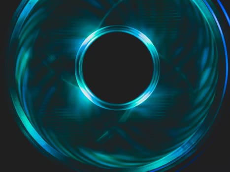 Computer fan with blue light abstract background. cooler in action with led close up. power in motion concept