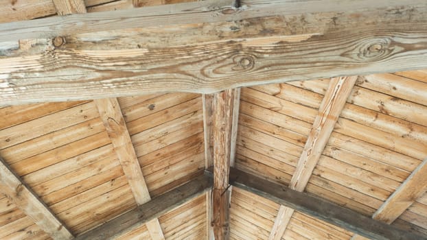 Wooden plank roof construction inside