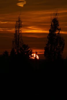 Setting sun on the outskirts of Berlin. The sky seems to burn. Romantic evening sky.