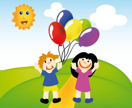 nice illustration of  kids in nice landscape with sun