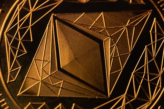 top view extreme macro closeup of crypto ethereum golden coin geometric symbol logo