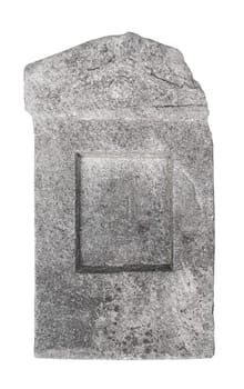 front view closeup of fragment of empty antique large square plaque of stone with irregular edges and inside carved frame texture isolated on white background