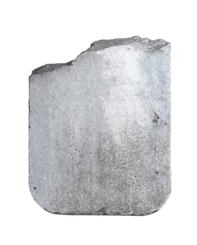 front view closeup of fragment of empty antique large square plaque of stone with round edges and carved texture isolated on white background