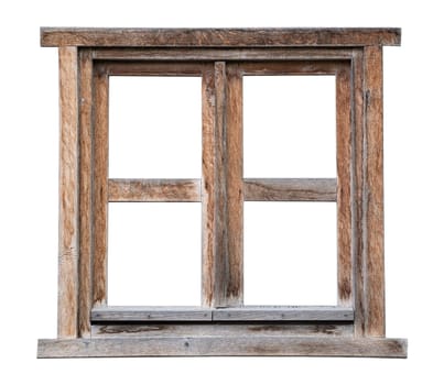 front view closeup of weathered vintage wooden brown window frame isolated on white background