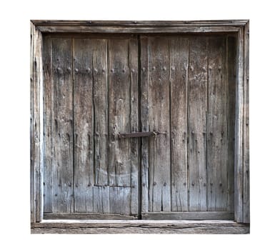 front view closeup of vintage wooden barn door with weathered wood dark texture and metallic lock and bolts isolated on white background
