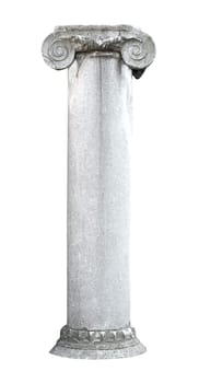 front view closeup of tall architectural antique stone pillar column with pedestal isolated on white background