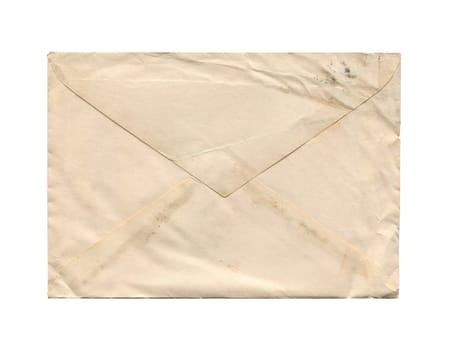 front view closeup of blank old aged vintage closed letter paper postage envelope with torn edges and wrinkled grunge texture isolated on white background