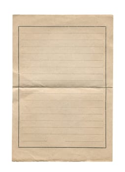 front view closeup of old vintage aged brown page paper with blank notebook writing lines and folding mark isolated on white