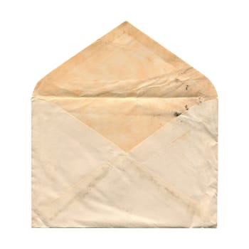front view closeup of blank old aged vintage open letter paper postage envelope with torn edges and wrinkled grunge texture isolated on white background