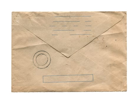 front view closeup of blank old aged vintage closed letter paper postage envelope with torn edges faded stamp print and wrinkled grunge texture isolated on white background