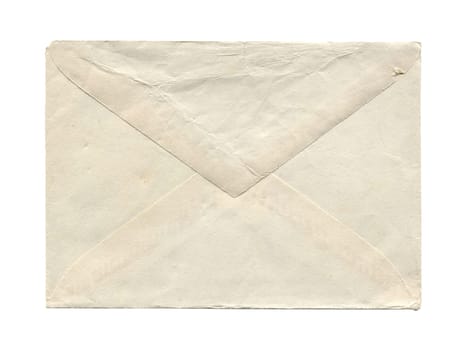 front view closeup of blank old aged vintage closed letter paper postage envelope with torn edges and wrinkled grunge texture isolated on white background
