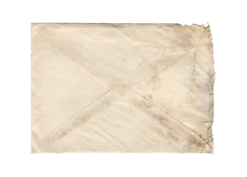front view closeup of blank old aged vintage closed letter paper postage envelope with torn edges and wrinkled grunge texture isolated on white background
