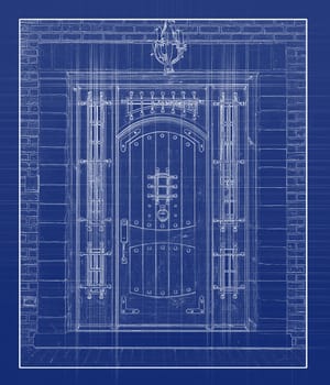 Artist Rendering Sketch of Beautiful Luxury Residential Front Door on Blue.