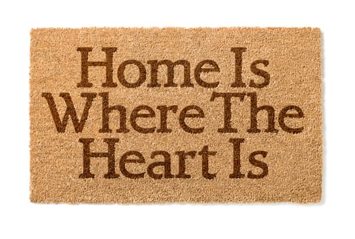 Home Is Where The Heart Is Welcome Mat Isolated On A White Background.