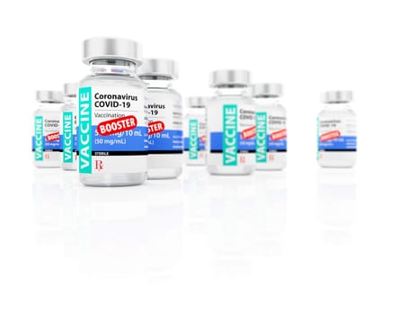 3D Illustration of Coronavirus COVID-19 Vaccine Booster Vials on White Background.