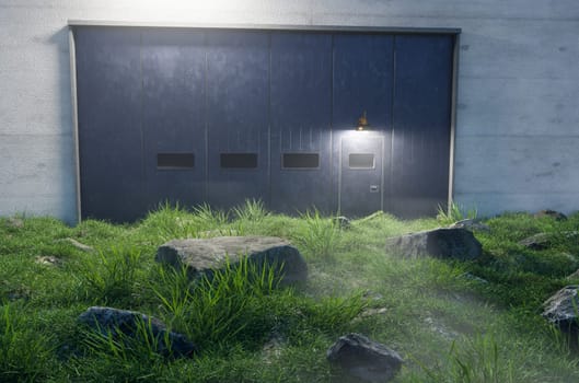 Mysterious Cement Wall and Iron Door with Windows Surrounded by Large Rocks in Field