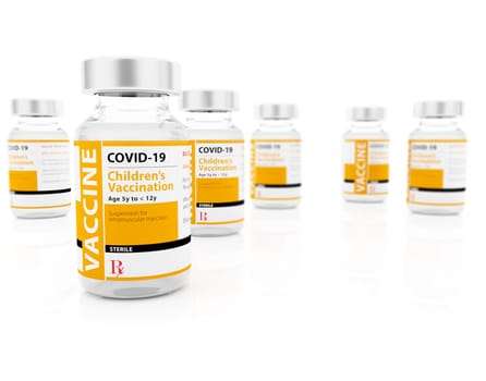 3D Illustration of COVID-19 Vaccine for Children Vials on White Background